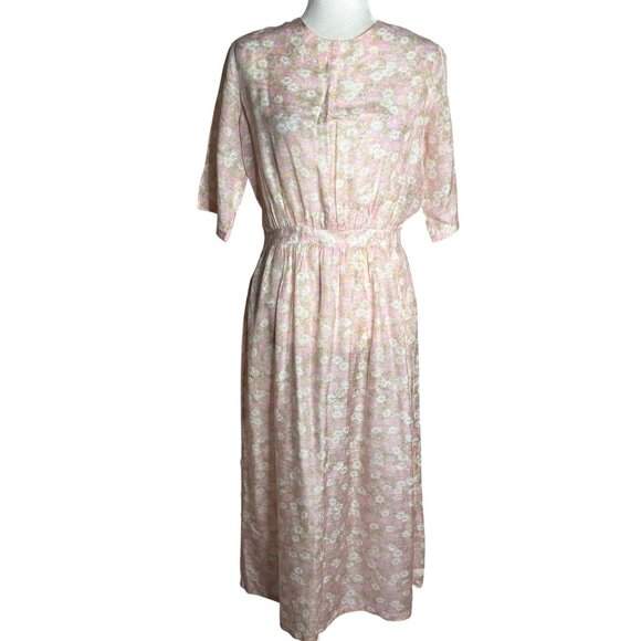 Vintage 50s Sheer Floral Day Dress Small Beige Pink Metal Zipper Short Sleeves - Picture 1 of 7